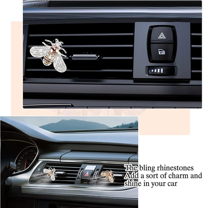 Shiny Bee Car Air Freshener Dashboard Outlet Vent Clips，Pearl Diamond Bee Car Perfume Car Air Conditioner Air Outlet Decoration Aromatherapy Clip，Bling Bee Charms Rhinestone Auto Interior Decorations Accessory