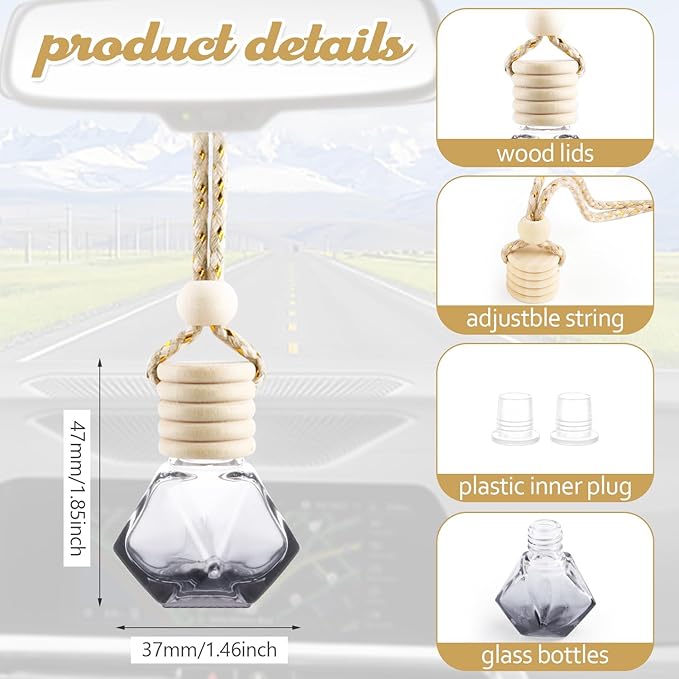 15 Pack Black Glass Car Hanging Bottles Empty Car Air Freshener Diffuser Bottle Essential Oil Fragrance Perfume Pendant Bottles Auto Ornaments Decor (Diamond)