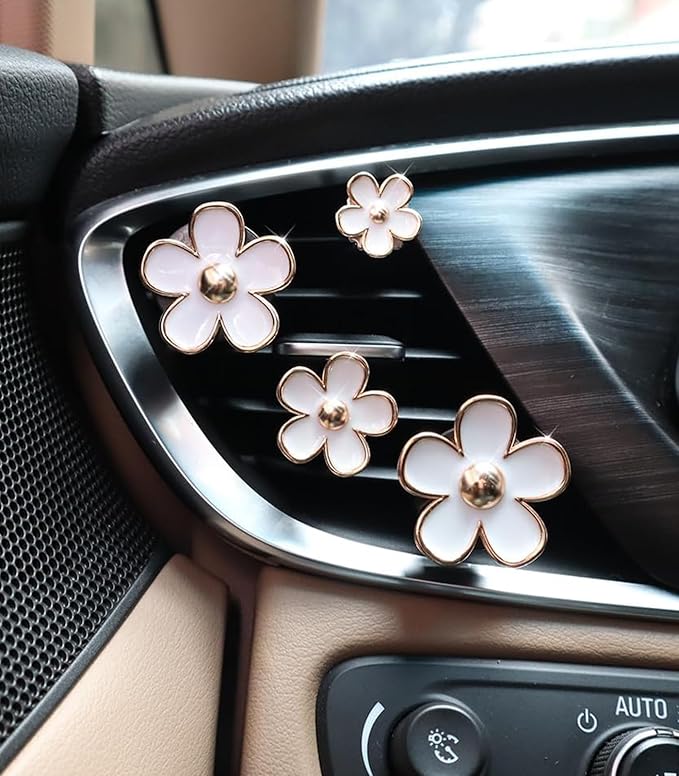 Daisy Flower Car Air Freshener Vent Clips, 4 Pcs Cute Car Accessories for Women Interior, Girly Decor Essentials, Truck Accessories, for Bathroom Office Pet Houses (White, 3.1cm 2.9cm 2.2cm 1.6cm)