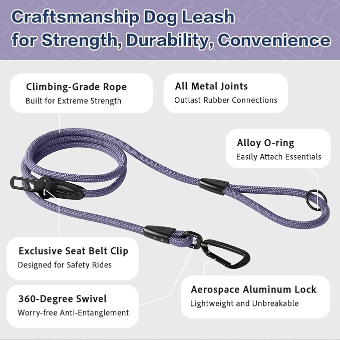 PawsPassion Rope Dog Leash 6 FT, 2-in-1 Heavy Duty Dog Leash with Seat Belt Buckle, Tangle Free 360ｰ Swivel Aviation Aluminum Carabiner, All Metal Hardware, Alloy O-Ring (Lilac Breeze)