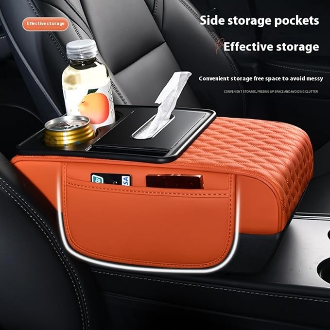 Center Console Cover Organizer, 5-In-1 Arm Rest Cover for Car with Cup Holder & Storage Pocket & Tissue Holder, Armrest Cover Cushion Pad, Water Ripples, Red