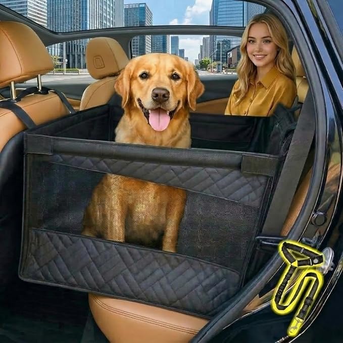 Large Dog Car Seat Extender, Adjustable Seatbelt Leash, PU Leather Hard Bottom Back Seat Protector, Waterproof Foldable Car Hammock for Medium Large Dogs for SUVs Trucks Cars