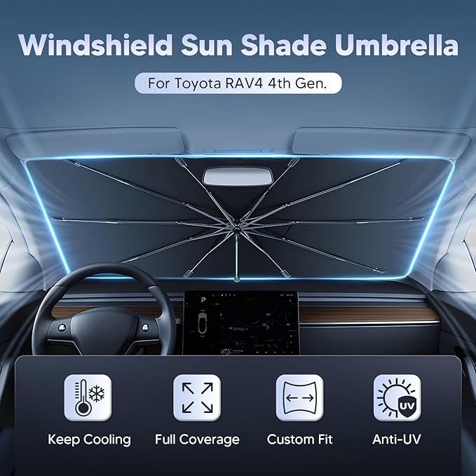 Autorder Windshield Sun Shade Umbrella for 2013-2018 Toyota RAV4 Accessories,Upgraded Ice Crystal Material,Easy Setup Umbrella Sunshade for Car Windshield,100% Sun Blocking
