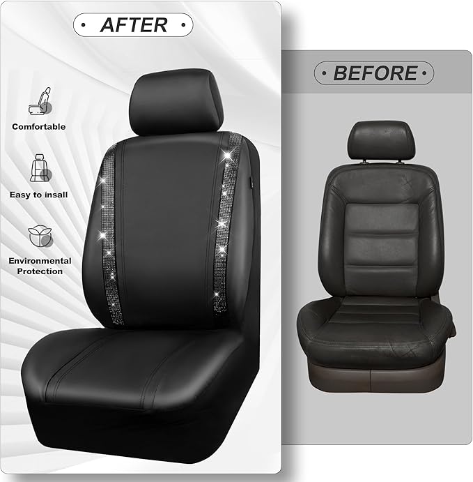CAR PASS Bling Diamond Car Seat Covers, Shining Rhinestones Waterproof Faux Leather, 7 Seats 3 Rows with Zipper Glitter Crystal Sparkle Strips Universal Fit 95% MPV,SUV,CAR for Women Girl, Black