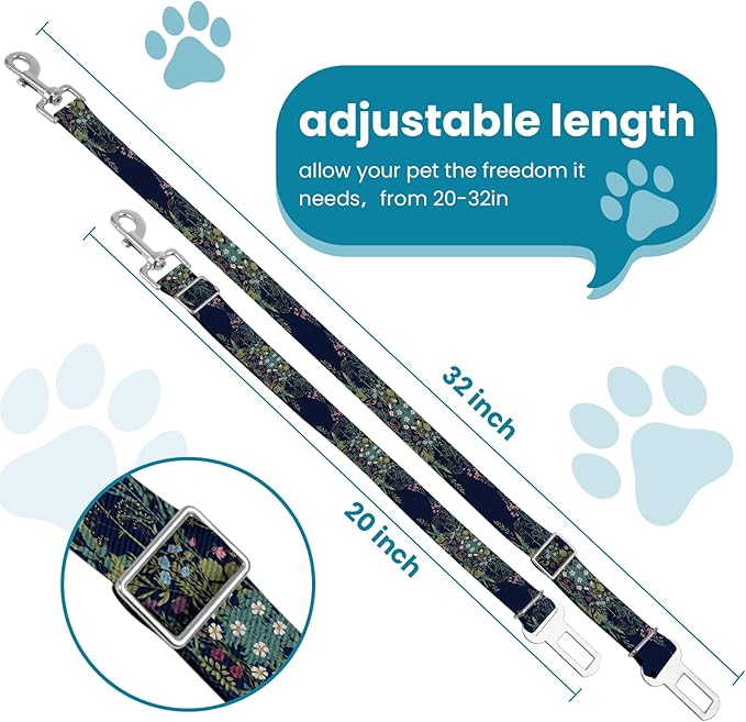 Adjustable pet cat and Dog car seat Belt，The Lanyard is Flexible and Adjustable from 20 to 33 inches(Black Flowers)