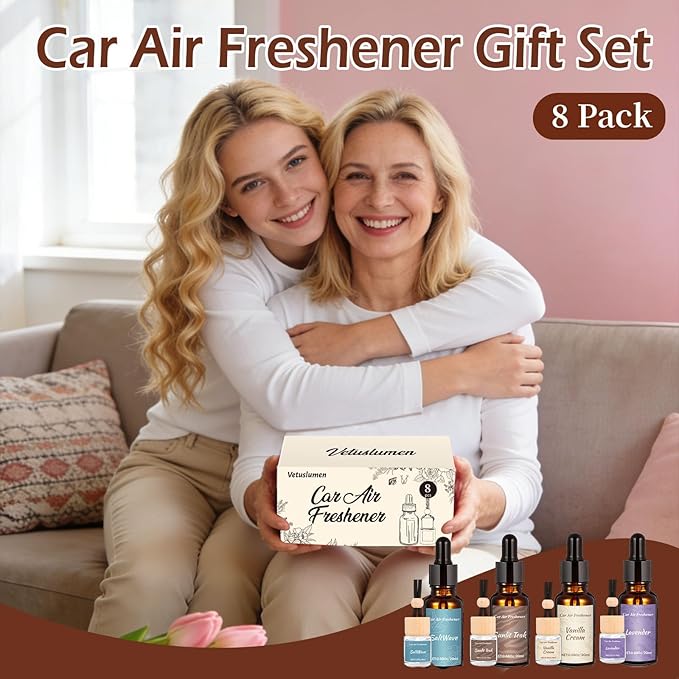 Car Air Freshener & Refill Set, 4-Scent Hanging Air Freshener Diffuser - Each(8ml +20ml Refills), 8 Pack Reusable Car Fragrance Decor Accessories