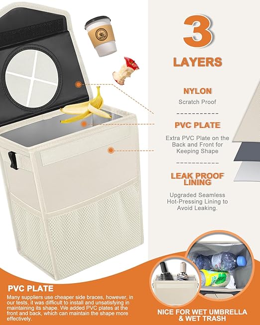 Car Trash Can with Lid, Cute Leakproof Car Trash Garbage Bag Hanging Vehicle Trash Bin Small Portable Automotive Garbage Cans Organizer for Back/Front Seat(4 Gallons,Beige)