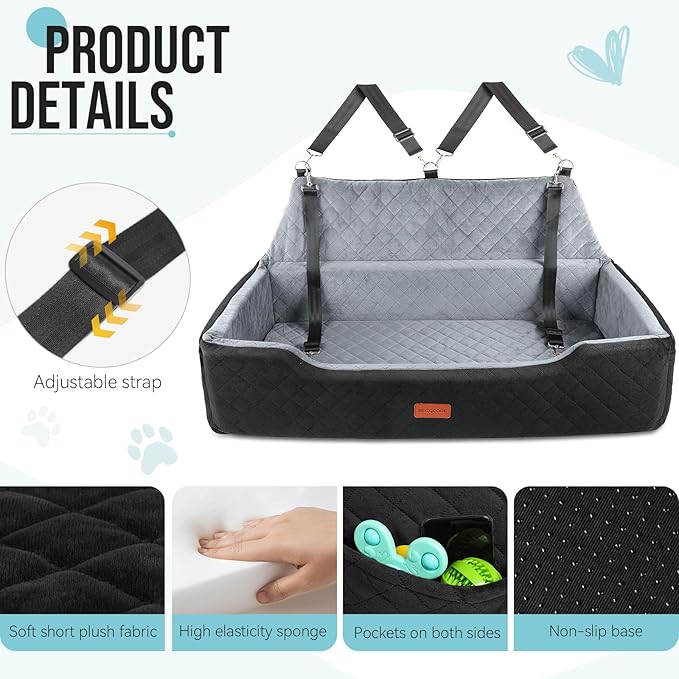Large Dog Car Seat Under 100 lbs, Washable Dog Car Bed for 2 Medium Dogs, Detachable Pet Booster Seat with Storage Pocket and Seat Belt for Back Seat Dog Travel Bed