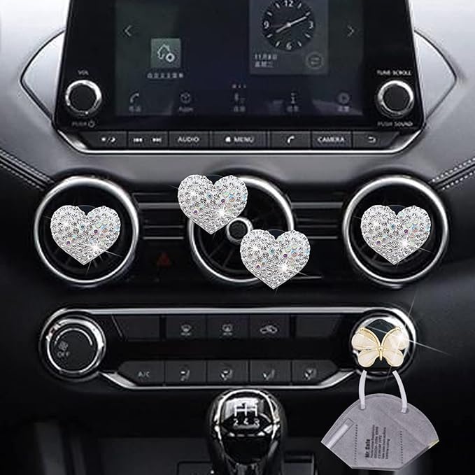 4 Pcs Silver Bling Heart Air Vent Clips, Heart Car Air Fresheners Vents Clips Car Diffuser Diamond Car Interior Decor Charm Cute Cars Accessories Cars Decoration for Women + Cute Butterfly Mask Hook