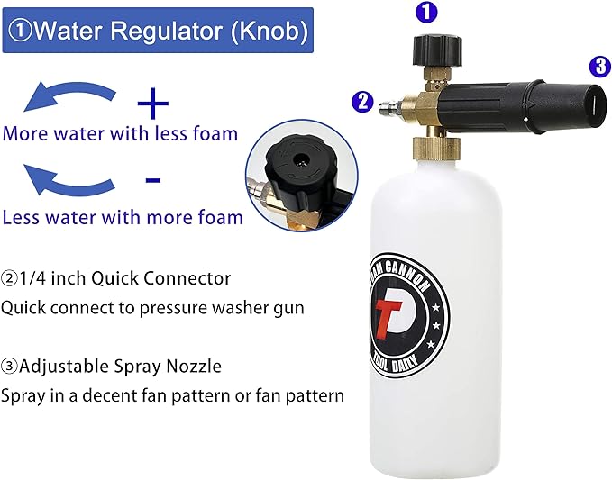 Tool Daily Foam Cannon with 1/4 Inch Quick Connector, 1 Liter, 5 Pressure Washer Nozzle Tips