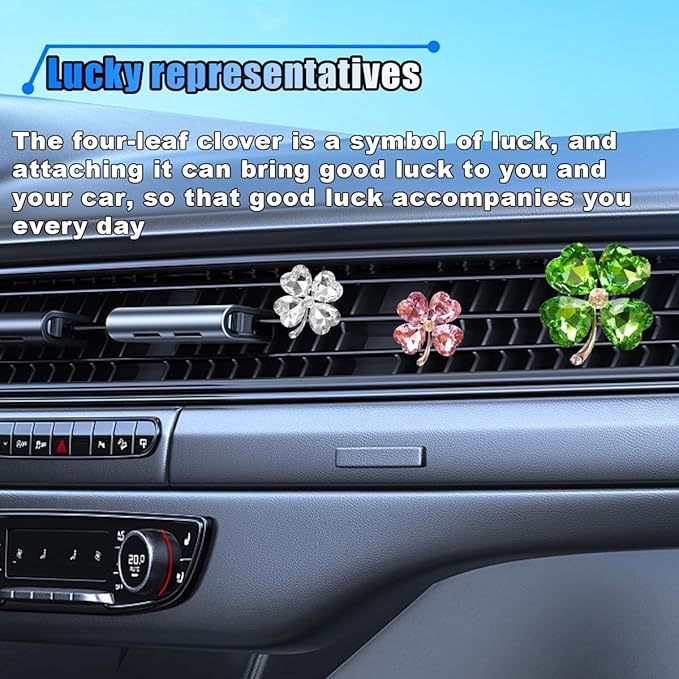 3PCS Bling Four Leaf Clover Car Dashboard Air Vent Trim Clips, Crystal Rhinestone Auto Air Fresheners Outlet Clips, Cute Car Interior AC Decoration Accessories for Women (Big Green/Small White & Pink)
