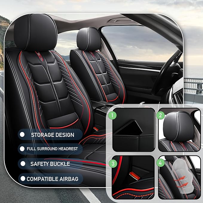 Leather Car Seat Covers Fit for Toyota Avalon 1996-2024, 5 Seater Car Seat Cover, Premium Waterproof, Scratch Resistant Car Interior Accessories (Full Set Black Red)