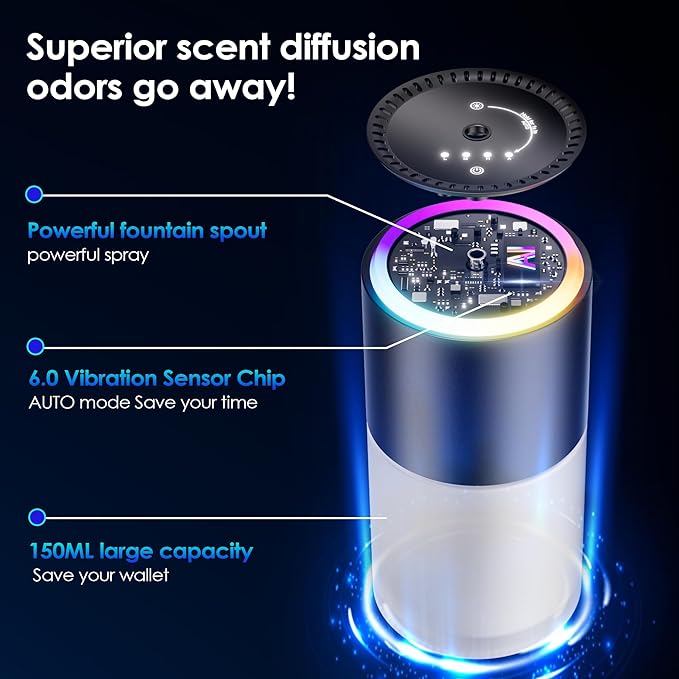 Car Air Freshener,Smart Car Air Freshener, car Diffuser with 150 ML (5oz) Capacity Multi-fragrance, RGB Music Syncing Light, Auto On/Off (Oceans)