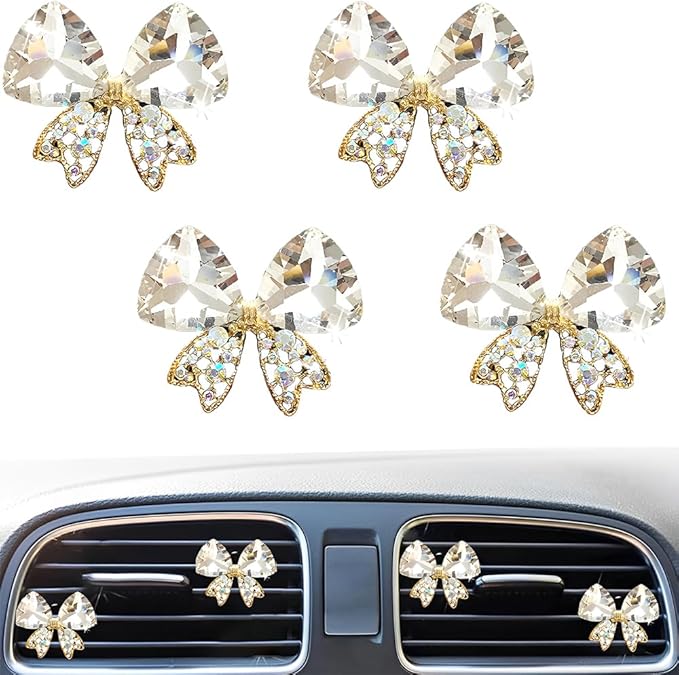 4 Pcs Bling Diamond Crystal Bow Vent Clips Car Interior Air Fresheners Automotive Rhinestone Decoration Adapt for Women and Girl (White)