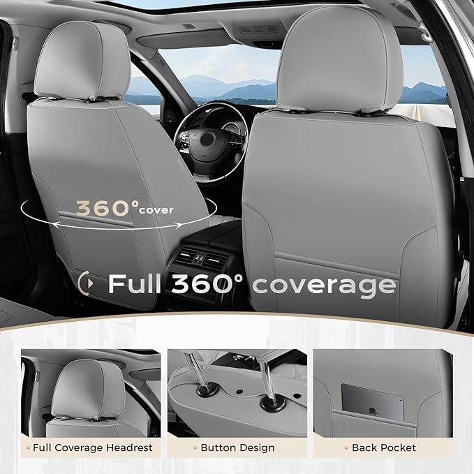 Coverado Full Set Car Seat Covers, Luxury Faux Leather Waterproof Seat Covers, Gray Car Seat Protectors, Universal Fit, Leather Seat Cushions for Cars-Gray
