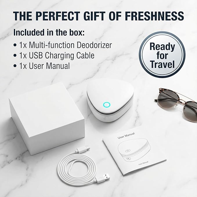 Portable Odor Remover Machine, Odor Remover Machine for Smoke Smell, Rechargeable 1800mAh Mini Deodorizing Machine for Car, Closet, Refrigerator, Shoe Cabinet, Office & Small Spaces (White)
