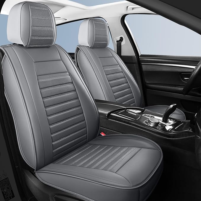 Car Seat Covers, Waterproof Horizontal Stripes Automotive Seat Covers, Universal Anti-Slip Car Seat Protectors for Most Cars Sedans SUV Pick-up Truck (2 PCS Front Seat, Grey)