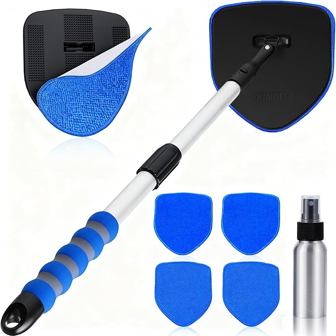 XINDELL Windshield Cleaning Tool, Interior & Inside Car Windshield Cleaner with Microfiber Pads, Extendable Handle & 360° Rotating Head, Streak-Free Glass Cleaning Kit for Cars Trucks
