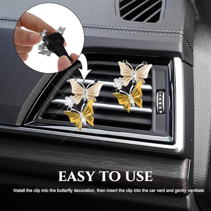 2PCS Car Air Vent Clips, Dual Butterfly Diamond Car Air Conditioner Outlet Vent Clip, Cute Car Diffuser Perfume Clip, Car Air Freshener Decor Accessories for Women Girl (Yellow, Style 1)