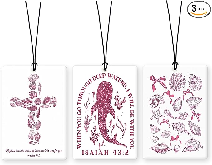 Lacama Beachy Christian Car Air Freshener 3Pcs, Pink Coastal Whale Shell Conch Cross Bible Verse Cars Scents Air Freshener for Women Girls Gifts, Beach Car Accessories Interior Mirror Decor Hanging