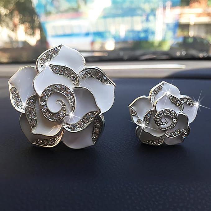 2 Pcs Camellia Air Vent Clips, Cute Flower Car Air Freshener Clip, Bling SUV Outlet Decorations, Crystal Rose Vent Diffuser, Charm Car Inter Decor Accessories for Women Girls