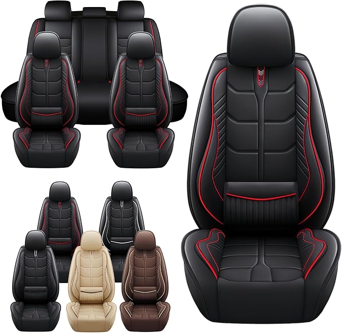 Leather Car Seat Covers Fit for Toyota Corolla Hatchback 2019-2024, 5 Seater Car Seat Cover, Premium Waterproof, Scratch Resistant Car Interior Accessories (Full Set Black Red)