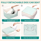 BurgeonNest Dog Car Seat for Small Dogs, Detachable and Washable Cat Carseats Under 25 lbs, Soft Pet Booster Seats with Storage Pockets and Clip-On Leash Portable Car Travel Carrier Bed, Beige Green