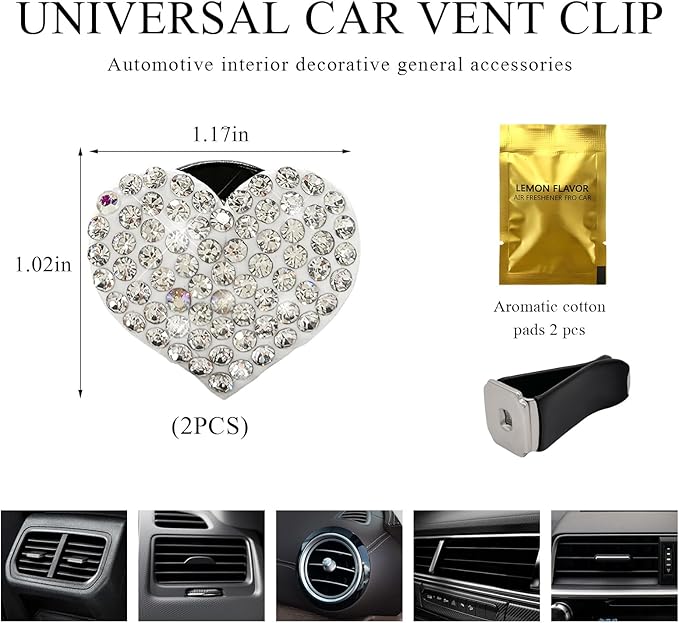 2 PCS Bling Car Air Vent Clip, Crystal Heart Car Air Fresheners Diffuser Vent Clip, Rhinestone Air Conditioning Outlet Clip For Women Girls, Interior Decor Car Accessories (Heart, White)