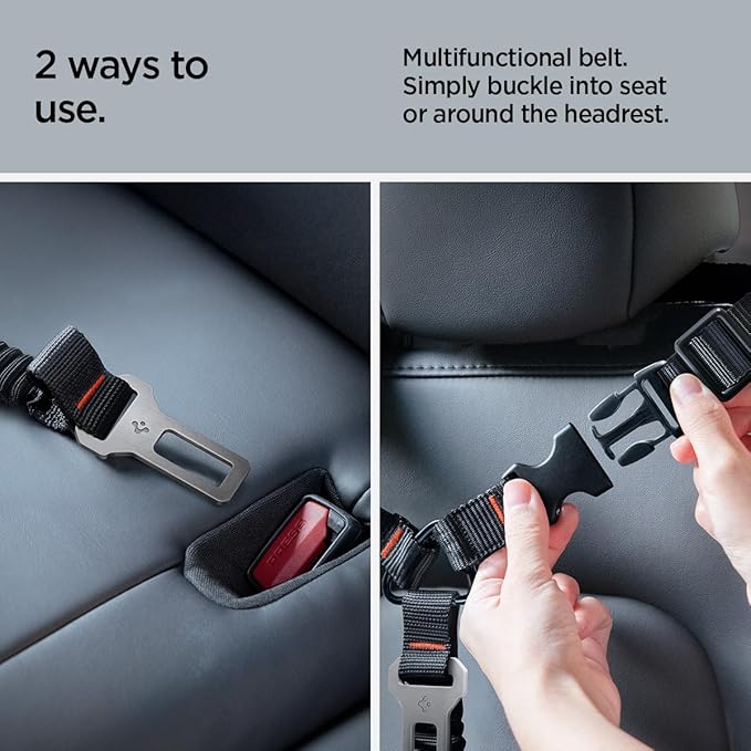 Spigen 2 in 1 Car Seat Belt Tether for Dogs (Headrest & Seatbelt Buckle) | High-Strength Heavy-Duty Strap | Adjustable Anti-Shock Bungee Leash