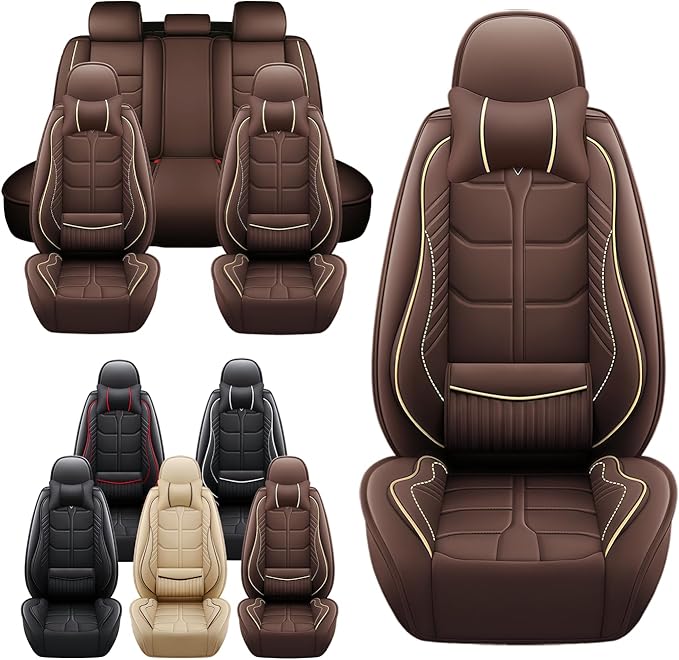 Leather Car Seat Covers Fit for Toyota Prius Prime 2017-2024, 5 Seater Car Seat Cover, Premium Waterproof, Scratch Resistant Car Interior Accessories (Full Set with Pillow Coffee)