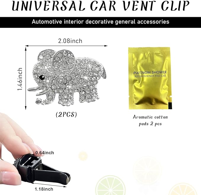 Ziciner 2PCS Bling Heart Car Vent Clips Charms, Elephant Shaped Crystal Air Freshener Vent Clips, Rhinestone Air Conditioning Outlet Clip, Car Decor Accessories for Women Girls