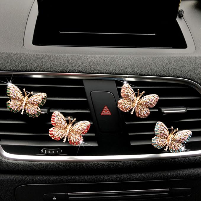 Bling Butterfly Car Air Vent Clip, Cute Rhinestone Air Freshener Clip, Glam SUV Outlet Vent Decorations, Charm Car Inter Decor Accessories for Girls Women (Red + Green)