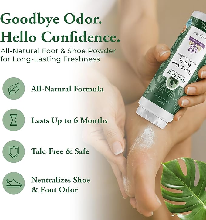 FOOT SENSE All Natural Foot & Shoe Powder, Foot Odor Eliminator for Long-Lasting Odor Control Lasts up to 6 Months, Disinfects & Deodorizes, Safe for Men, Women, Kids, Athletes, 100g