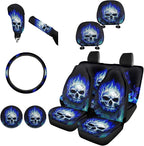 FKELYI Cool Skull Car Seat Covers Set Blue Fire Car Interior Seat Protector,Absorbent Cup Holder Pads,Steering Wheel Cover,Gear Shift Cover,Handbrake Cover,Headrest Covers
