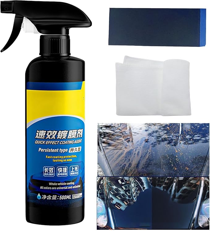 Quick Effect Coating Agent, Car Coating Spray, 17.6 OZ Polish Spray Waterless Wash Wax, Spray Wax Polish for Car Scratches(1PC+Sponge+Cloth) (1 PCS)