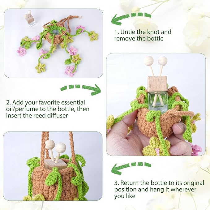 Crochet Car Air Freshener, 8ml Empty Refillable Oil Diffuser Bottle with Hanging Crochet Pink Daisie Plant & Hanging Tools, Car Rearview Mirror Diffuser for Wall Art & Home & Office Decoration
