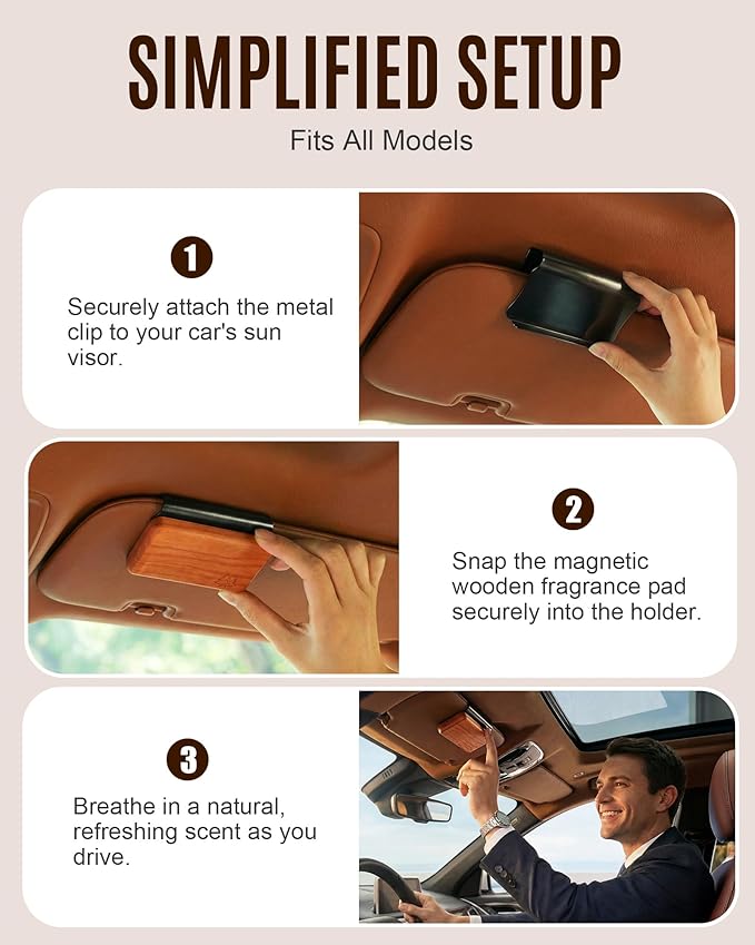 Natural Wooden Car Air Freshener for Visor Clip- Natural Teak/Coconut/Amber Scents, Long-Lasting Odor Eliminator with Metal Clip, 3 Refillable Wood Chips for Cars/Trucks/SUVs (pale yellowish beige)