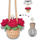 Handmade Crochet Hanging Car Air Freshener - Romantic Red Rose Design, 12ml Refillable Thick Glass Bottle, Car Diffuser for Rearview Mirror, Home & Office Romantic Decor