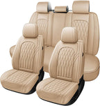 WELLDO Car Seat Covers Full Set, Leather Seat Covers for Cars, Car Seat Protector Waterproof, Non-Slip Car Interior Covers Full Set Universal Automotive Seat Covers for Most Cars SUVs, Beige
