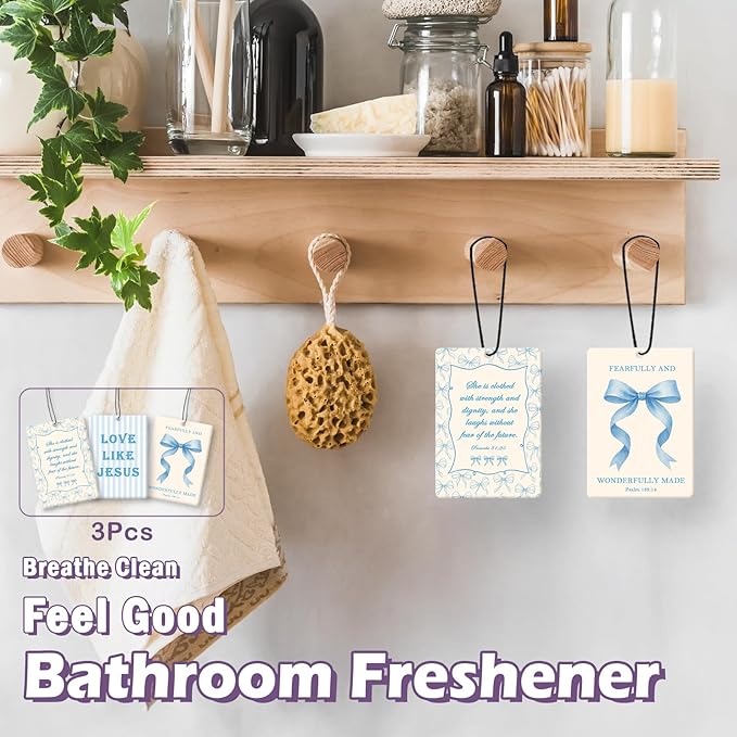 Blue Christian Girls Car Air Freshener Accessories 3pcs, Preppy Coquette Bow Hanging Air Fresheners Decor for Girly Room Closet Bathroom, Scripture Car Scent Lavender Fragrance Card for Women