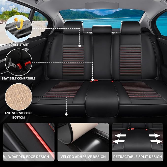 Car Seat Covers Full Set Fit for Toyota RAV4 2001-2026, Premium Faux Leather Car Seat Protector,Breathable Anti-Slip Full Wrapping Edge Seat Covers(Black&Red,Full Set)
