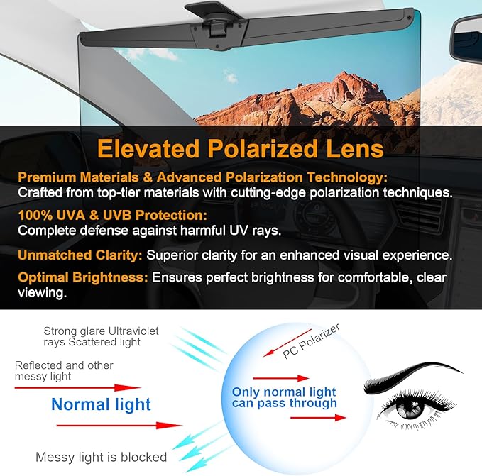 Veharvim Sun Visor Extender for Cars, Polarized Car Visor Extender Sun Blocker UV400, Adjustable Visor Extension, Clip on Sun Visor for Car, Universal, Glare, UV Protector (Large(2 Pack))