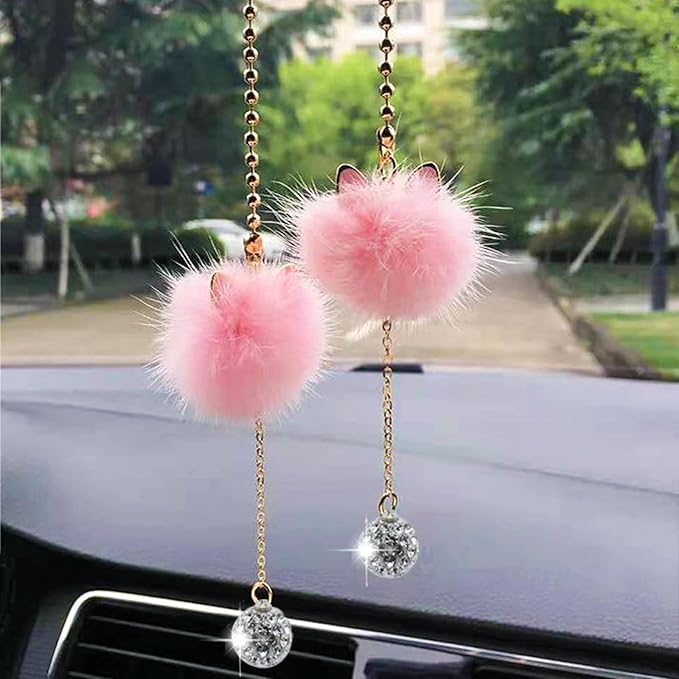 Car Mirror Hanging Accessories for Women, Car Air Fresheners Essential Oil Diffuser Pink Plush Ball with Bling Rhinestone Car Charm Cute Interior Decor (Pink)