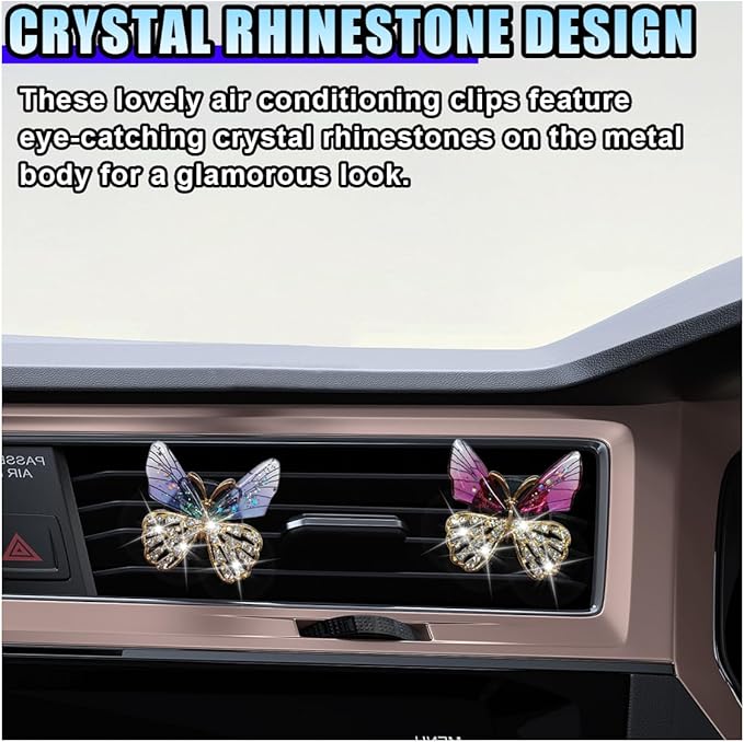 2PCS Bling Butterfly Car Air Vent Clips, Crystal Rhinestone Auto Air Conditioning Outlet Clip, Cute Car Vent Decorative Clip, Auto Interior Decoration Charm for Women (Butterfly)