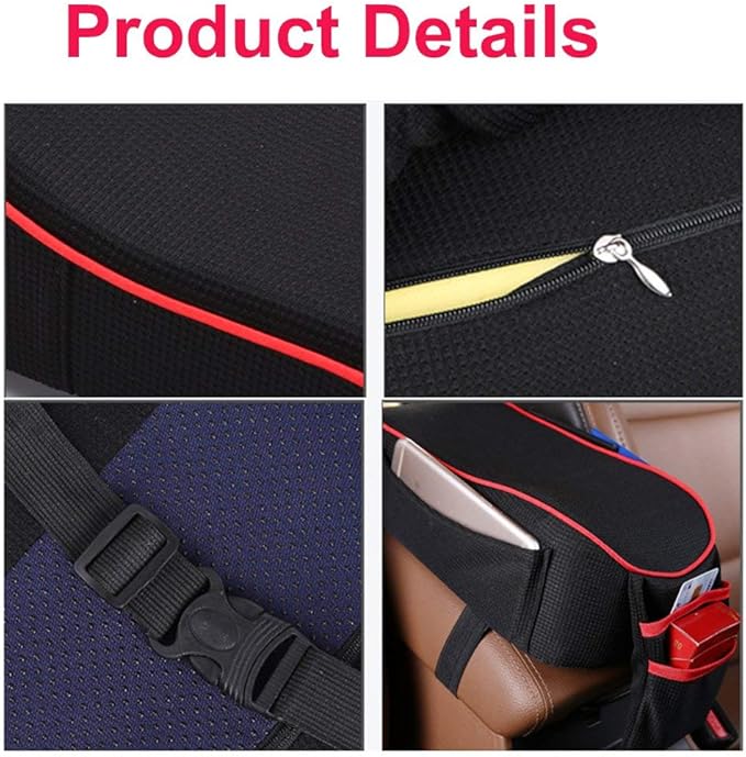 Car Armrest Cushion, Auto Center Console Armrest Pillow, Memory Foam Car Armrest Console with Phone Holder Storage Pockets Universal Fit for Most Car (Black Red)
