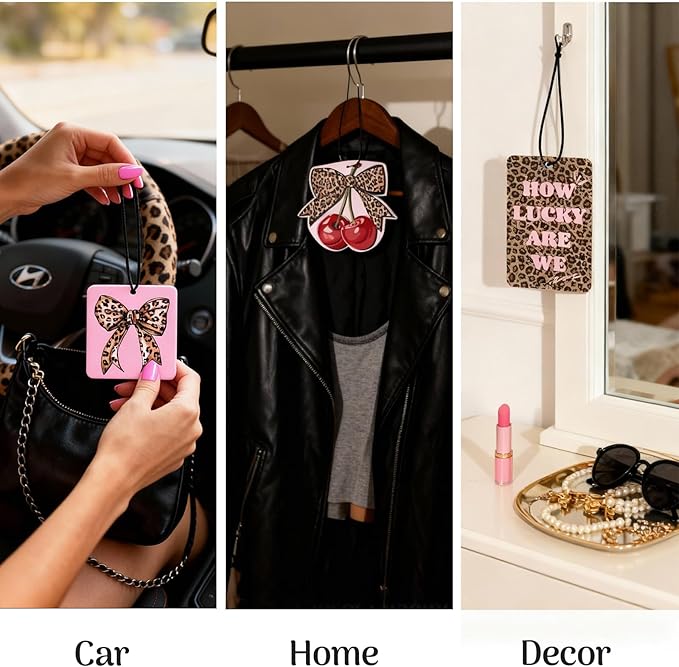 Cheetah Print 5pcs Car Air Freshener Bow Coquette Leopard Print Car Accessories Automotive Interior Hanging Scents Mirror Decor for Women Teen Girls