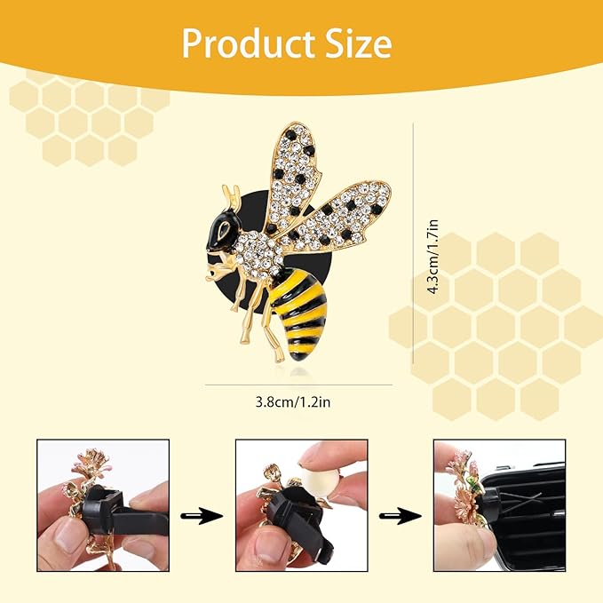 Bee Car Decor,2pcs Cute Bumblebee Car Air Freshener Vent Clips,Bling Yellow Bee Alloy Vent Clips Dashboard Accessories with Rhinestones,Refillable Diffusers