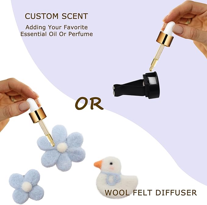 Cute Car Accessories,Duck Flower Air Vent Clips,Handmade Wool Felt Aroma Diffuser,Refillable Girly Car Air Freshener,3pcs White Blue Car Decor