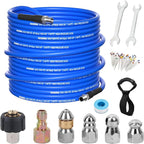 100FT Pressure Washer Sewer Jetter Kit, 5800 PSI Water Jet Drain Cleaner Hose with Corner Rotating Button Nose Nozzle, 1/4 Inch NPT, Kit Includes Sewer Jetting Nozzles and Spanner Handle Strap
