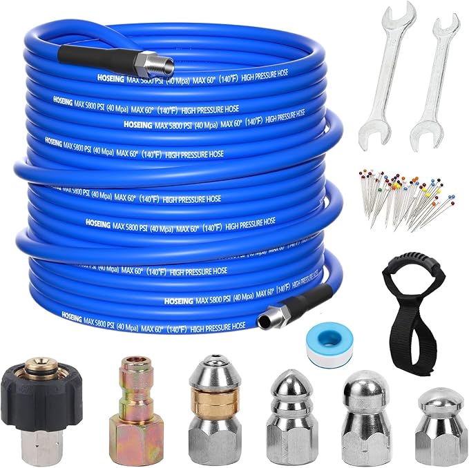 50FT Pressure Washer Sewer Jetter Kit, 5800 PSI Water Jet Drain Cleaner Hose with Corner Rotating Button Nose Nozzle, Sewer Jetting Nozzles Kit with Spanner Handle Strap